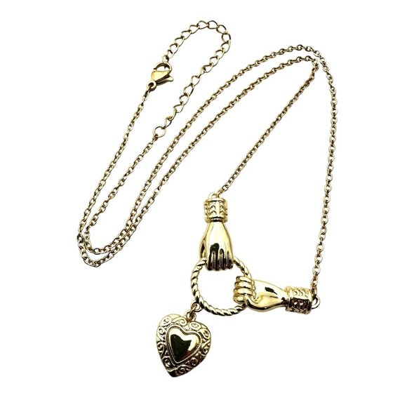 18K Yellow Gold Plated Heart Hands Pendant Necklace Vintage Style - Picture 7 of 8